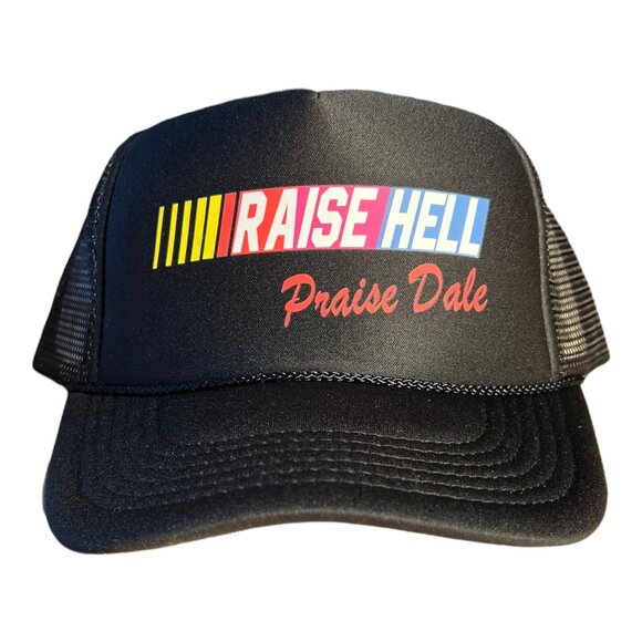 RAISE HELL PRAISE DALE HAT FUNNY TRUCKER HAT SUMMER NASCAR RACING CAP BLACK HAT - Picture 4 of 6
